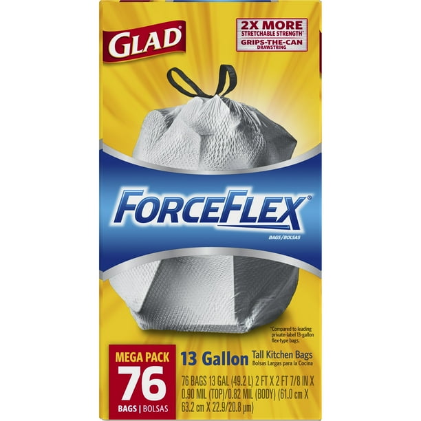 Glad ForceFlex Tall Kitchen Drawstring Trash Bags, 13 Gallon, 76 Ct