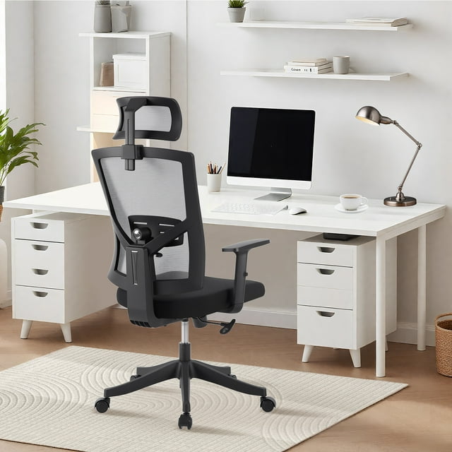 Ergonomic Office Chair with Adjustable Lumbar Support & Headrest, High Back Mesh Desk Chair with Flip-Up Armrests, Breathable & Comfortable Computer Chair for Home, Office & Study