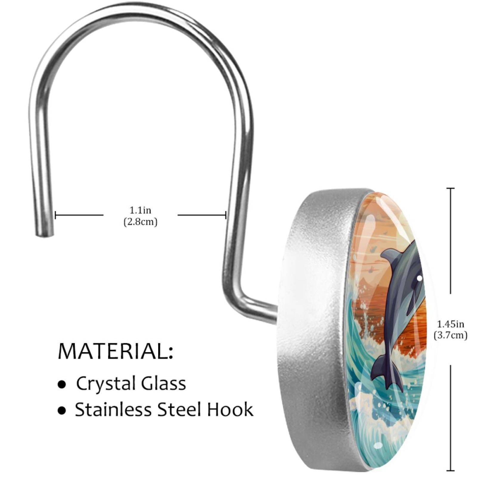 Dolphin Shower Curtain Hooks （Set of 12） for Home Hotel Shower Rods Bathroom Crystal Glass Print Stainless Steel Round Curtain Hooks