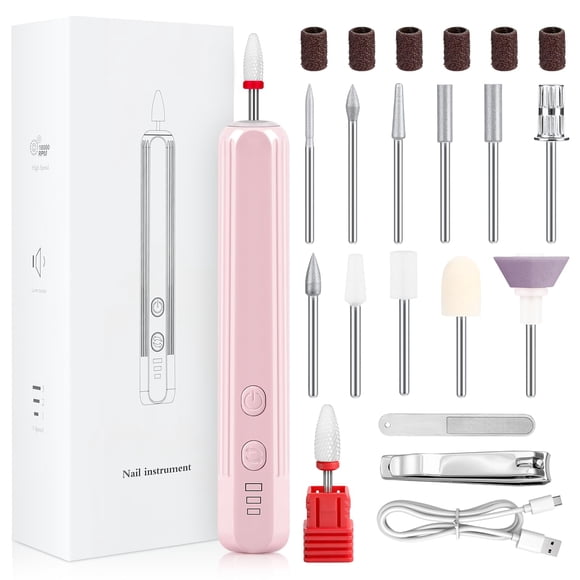 Torno Eléctrico para Uñas,18000 RPM Pulidora para Kit Taladro de Uñas Recargable con 12 Puntas y Papel de Lija, 3 Velocidades Ajustables, con Luz LED, Para el Cuidado