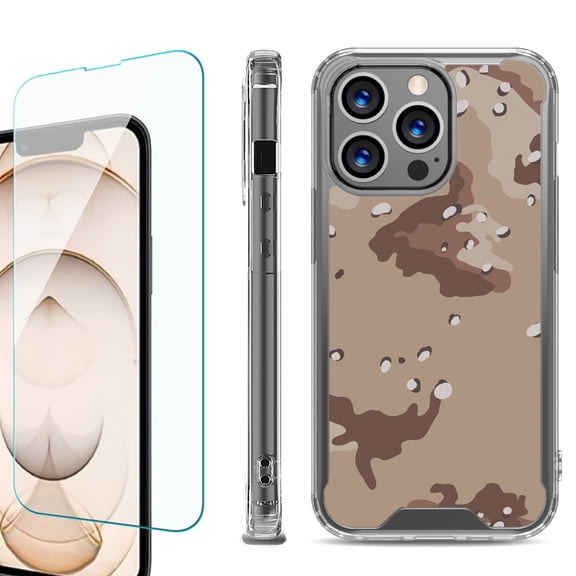 Shockproof Bumper Phone Case for iPhone 13 Pro Max, with Tempered Glass Screen Protector, by OneToughShield ® - Desert Camo