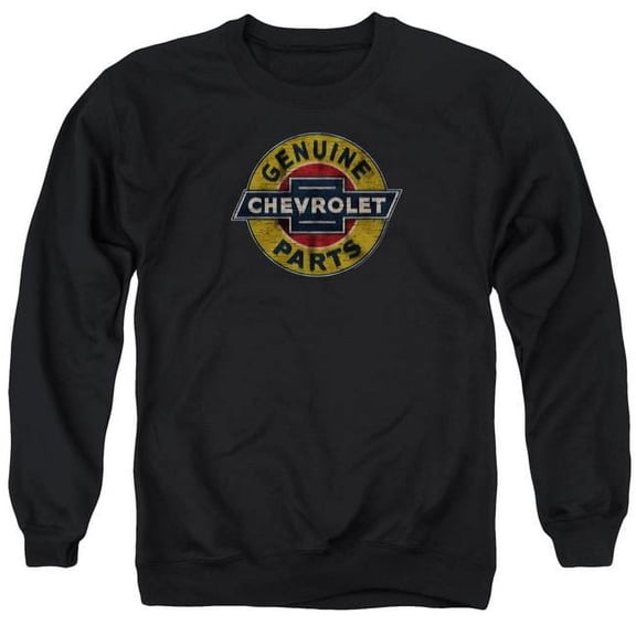 Trevco Sportswear CHV107-AS-1 Chevrolet Genuine Chevy Parts Distressed Sign Adult Crewneck Sweatshirt, Black - Small