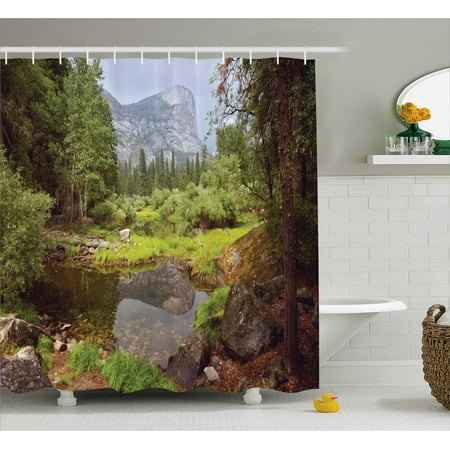 Yosemite Shower Curtain, Small Spring Forest Distant Mountain Picture of Yosemite National Park Landscape Print, Fabric Bathroom Set with Hooks, Green, by