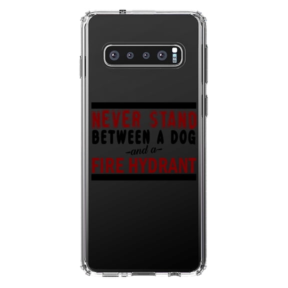 DistinctInk Clear Shockproof Hybrid Case for Samsung Galaxy S10  PLUS (6.4" Screen) - TPU Bumper Acrylic Back Tempered Glass Screen Protector - Never Stand Between Dog & Fire Hydrant