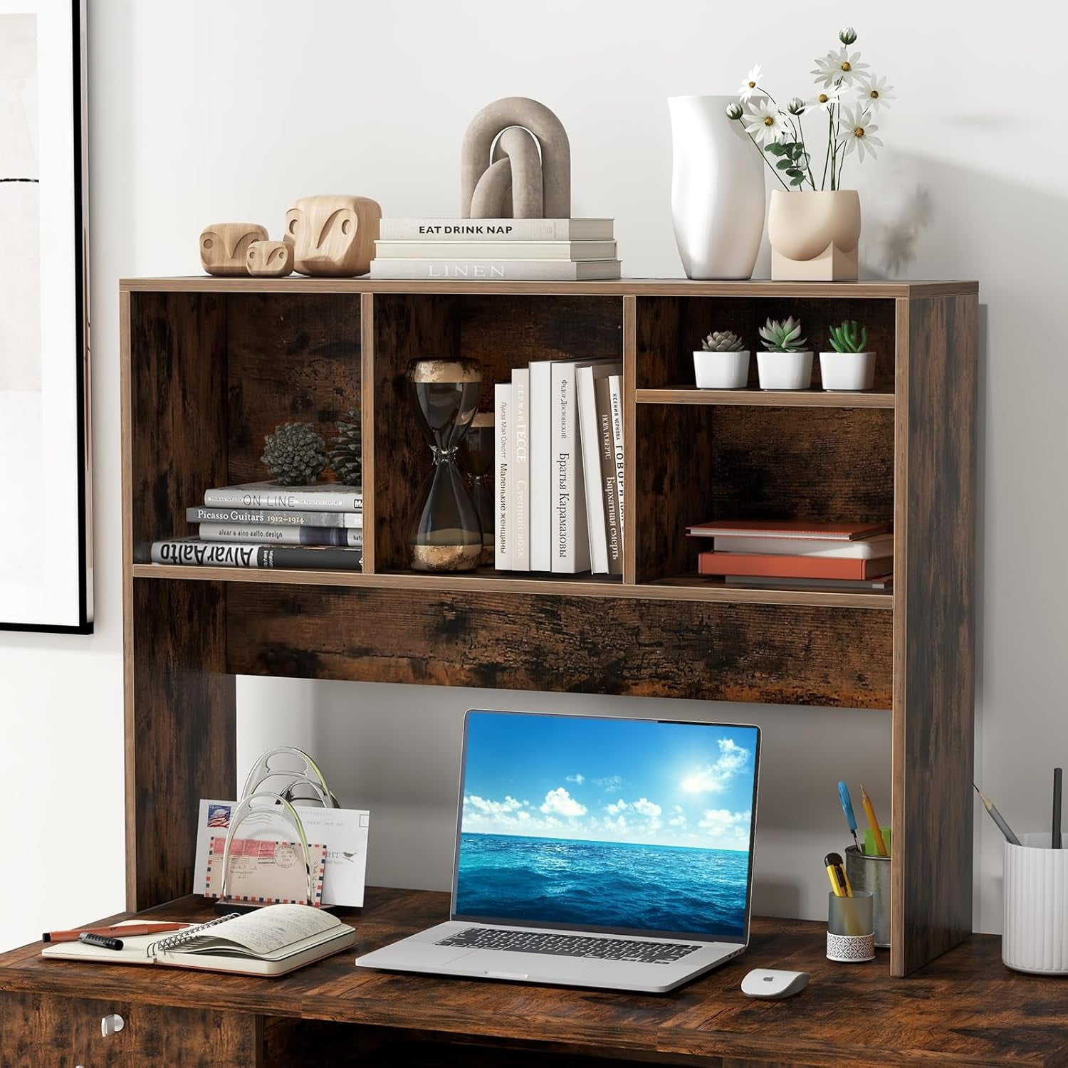CRXX Desktop Bookshelf, Countertop Storage Hutch with 4 Shelves for Computer Desk, Dressing Tabletop Display Rack, Multipurpose Desk Hutch Storage Organizer for Home Office Dorm (Rustic Brown)