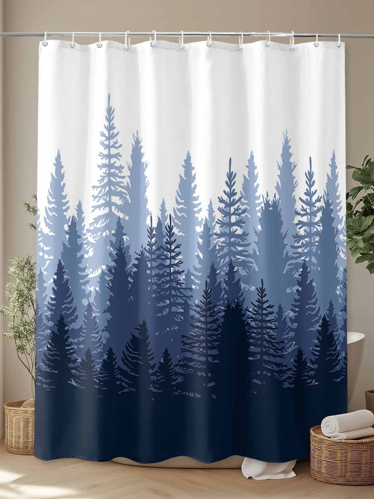 Navy Blue Ombre Extra Long Shower Curtain Set, Waterproof Shower Curtains for Bathroom, Primeval Forest Modern Abstract Art Aesthetics Washable Fabric Bath Curtain for Bathtub with Hooks 72x96 Inches