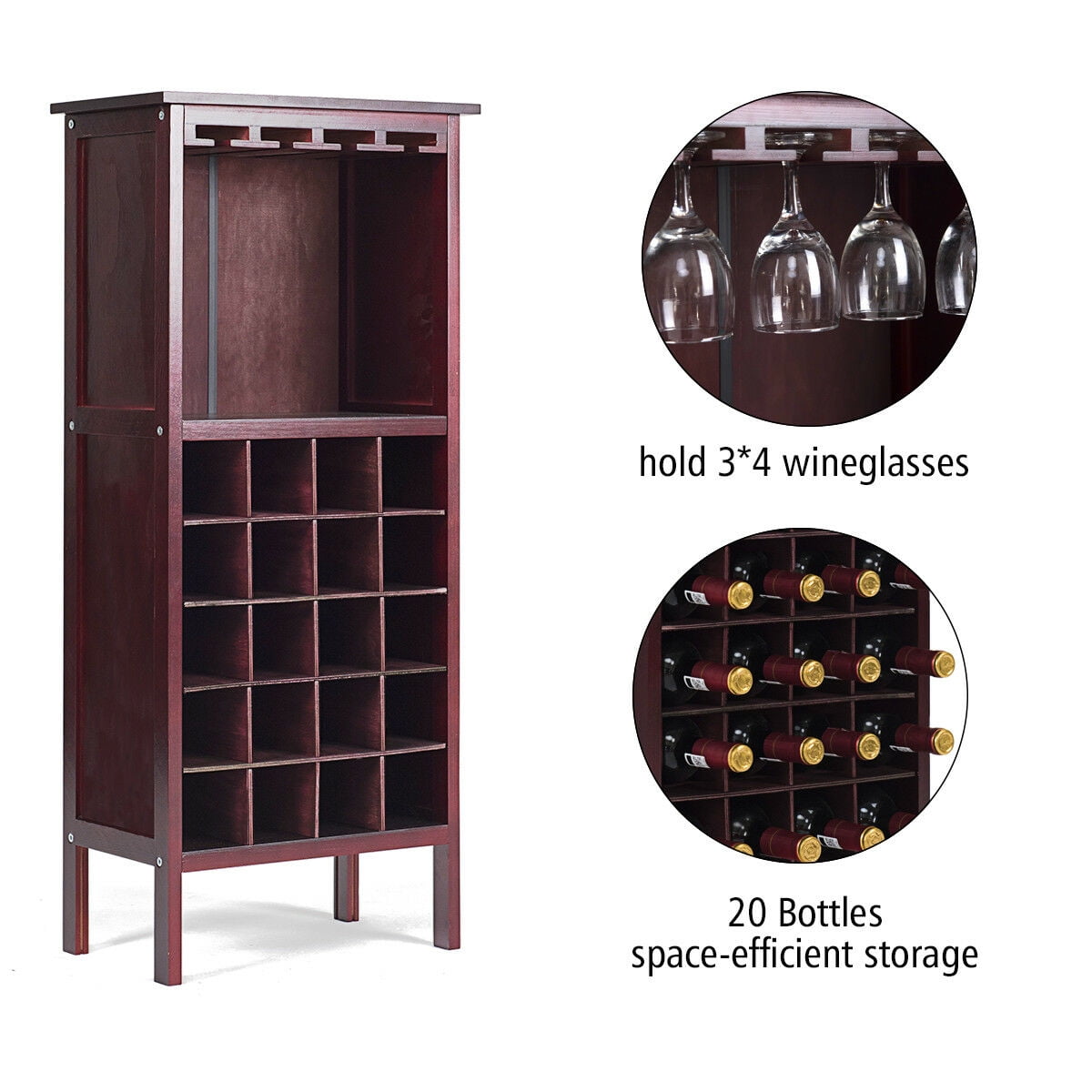 Costway Wood Wine Rack Holder Storage Shelf Display w/ Glass Hanger (20