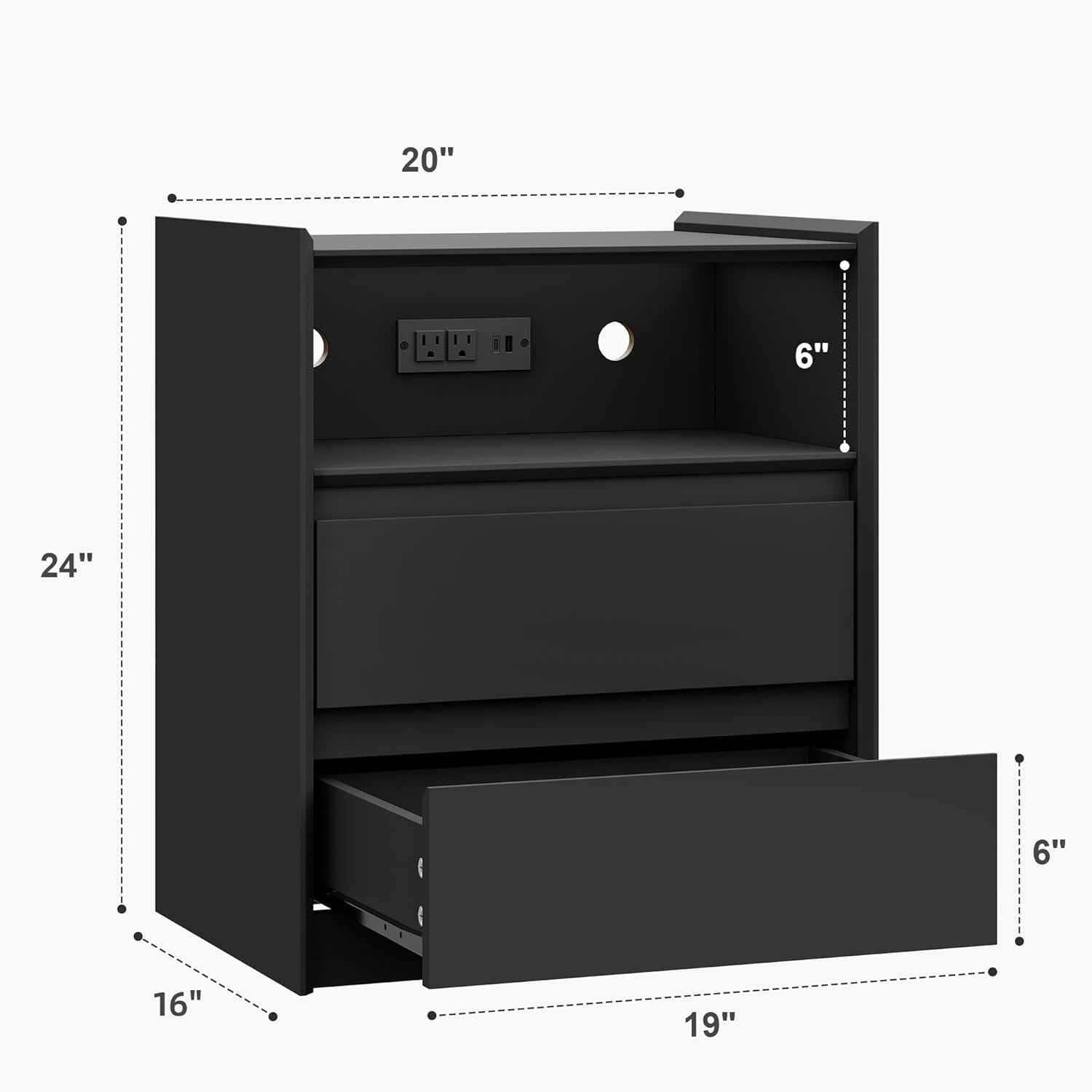 2 Drawers Black Nightstand with Charging Station, 24" Tall Bedside Table End Table for Bedroom or Living Room