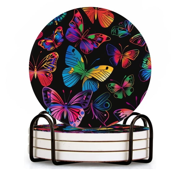 BaHomeck Drink Coasters Set of 4 with Holder Colorful butterflies each with unique design and color palette Water Absorbent Ceramic Coasters Tabletop Protection,Suitable for Various Cup ,Home Decor