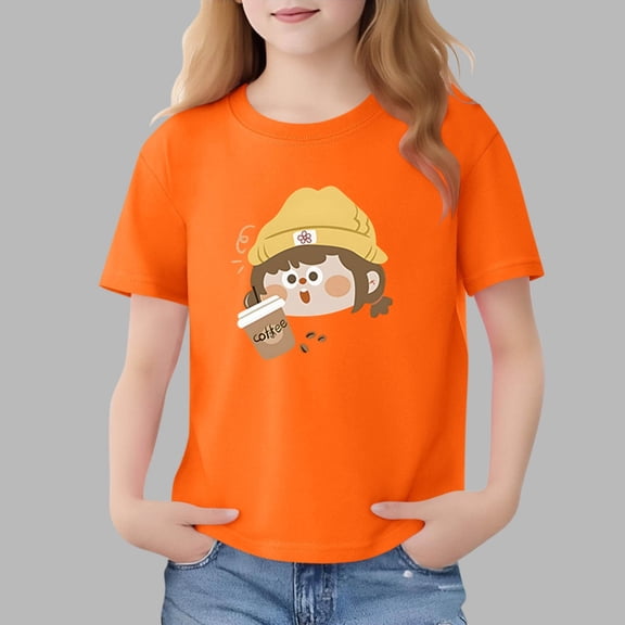 DAETIROS Boys 100% Cotton Soft Breathable Cartoon Coffee Print Graphic Tee Short Sleeve Crew Neck Relaxed Fit Summer T-Shirt Orange Sizes 2T-14,Size 9-10 T