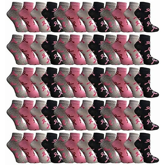 60 Pairs of Pink Ribbon Breast Cancer Awareness Ankle/Crew Socks for Women (Assorted Ankle)