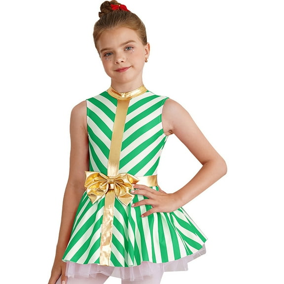 YONGHS Kids Girls Christmas Candy Cane Dance Costume Stripes Ballet Figure Skating Performance Leotard Dress Green 14