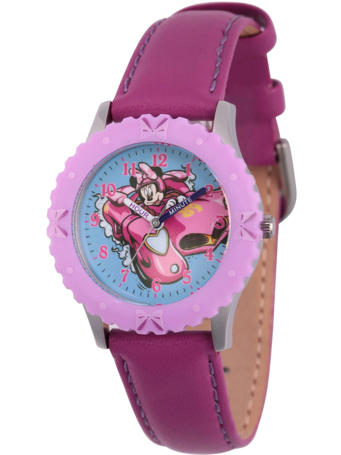 Minnie Mouse Girls' Stainless Steel Time Teacher Watch, Purple Bezel, Purple Leather Strap