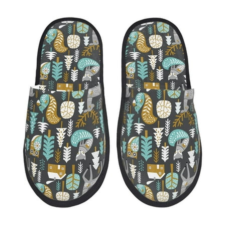 Balery Moose Squirrel owls tree Slient Indoor Furry Fleece Comfort House Shoes Soft Non-Slip Home Shoes Cotton slippers House Slippers-- Large