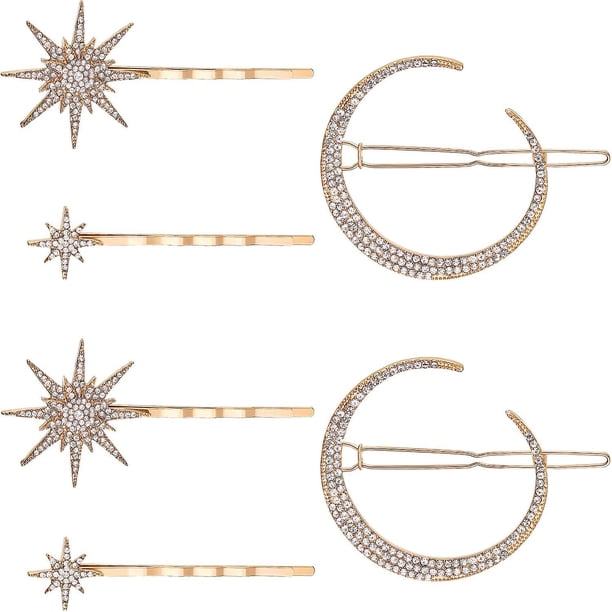 Paquete de 6 pinzas para el cabello con estrellas y lunas, pinzas para el cabello vintage con diamantes de imitación y estrellas, accesorios para el cabello para mujeres y niñas (dorado)