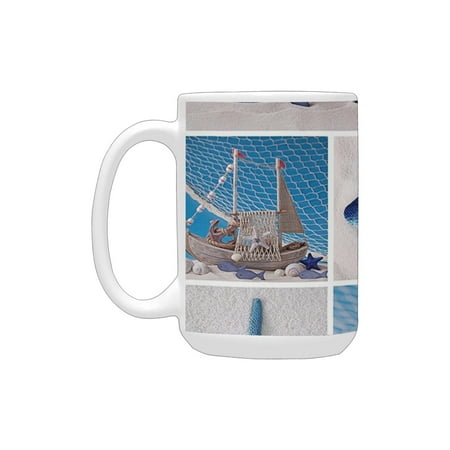 

Nautical Marine Theme Design Objects Fishes Shells Starfishes Pearls Lighthouse Sailboat Blue White Ceramic Mug (15 OZ) (Made In USA)