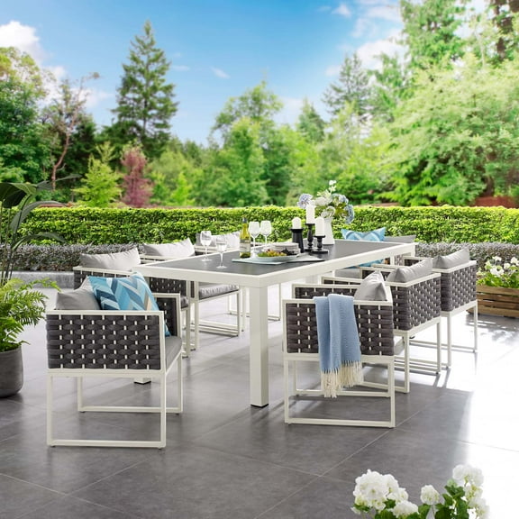 Modway Stance 9 Piece Outdoor Patio Aluminum Dining Set in White Gray