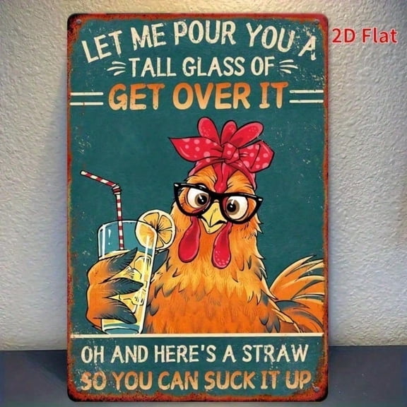 HELLOYOUNG Vintage Chicken Metal Sign 7.8x11.8 Inch Farmhouse Kitchen Wall Decor "Get Over It" Retro Funny Art Tin Sign for Home Garden Cafe Bar