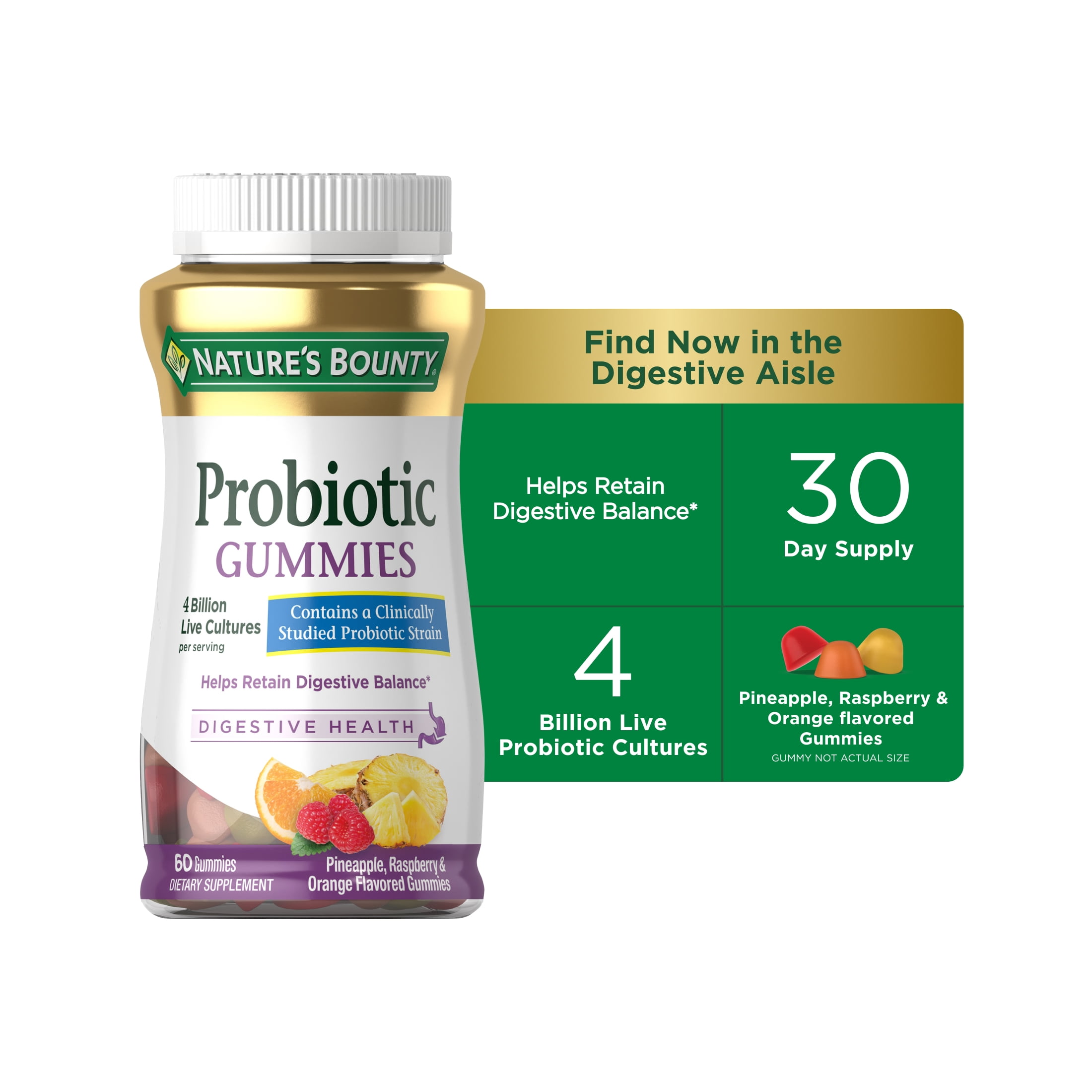 Nature's Bounty Probiotic Gummies, Digestive Health, Multi-Flavored, 60 Ct
