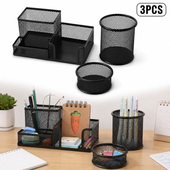 Metal Mesh Desk Organizer 3 Piece Set, Pen Holder Pencil Cup with Paper Clip Holder, Office Supplies Desktop Storage, Black