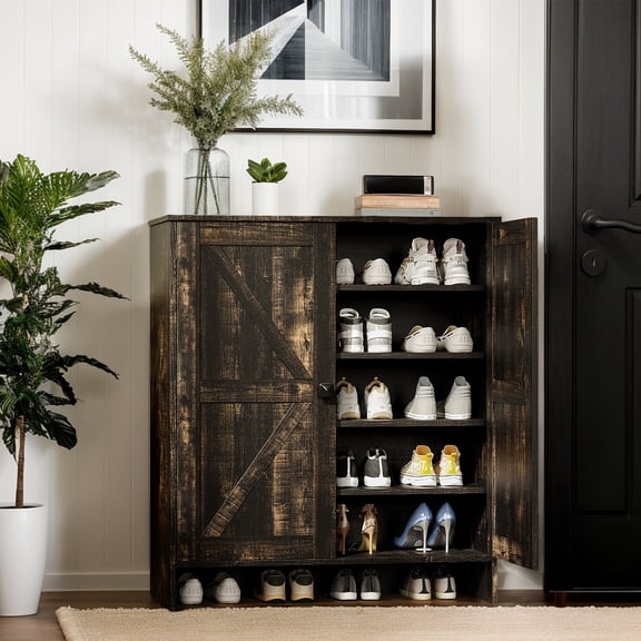 Ktaxon Farmhouse Wooden Shoe Cabinet with 2 Doors for Hallway Bedroom Entryway, Black Oak