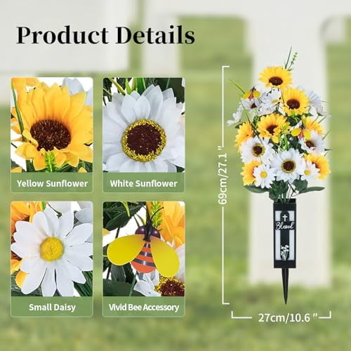 Artificial Cemetery Flowers for Grave: 2 Pcs Yellow White Sunflower Grave Flower Bouquets for Cemetery Decorations - Fall Outdoor Gravesite Flowers with Vase$$Home Decor, Kitchen, & Other