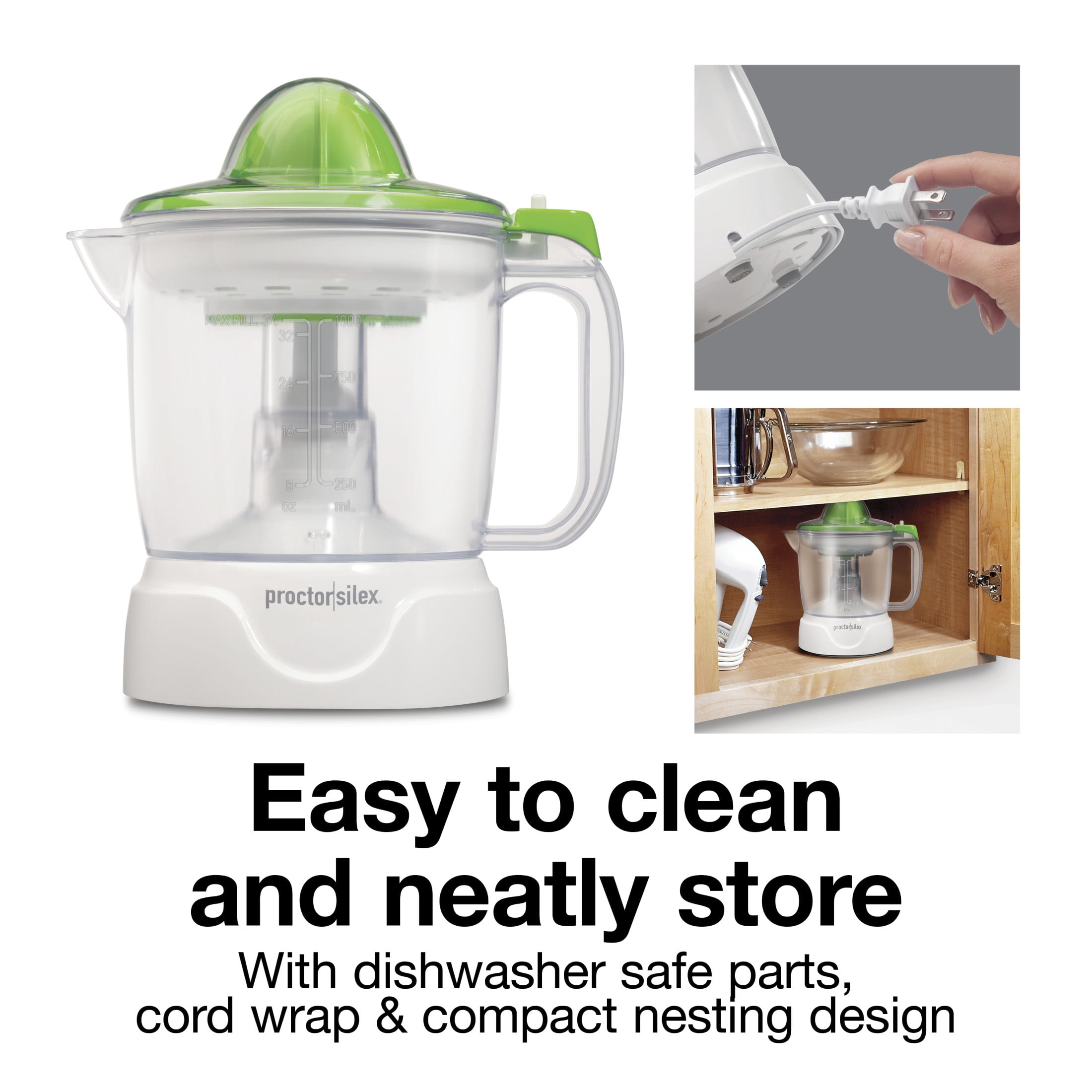 Proctor Silex Electric Citrus Juicer Machine for Fruits and Vegetables with 34 oz Pitcher, White