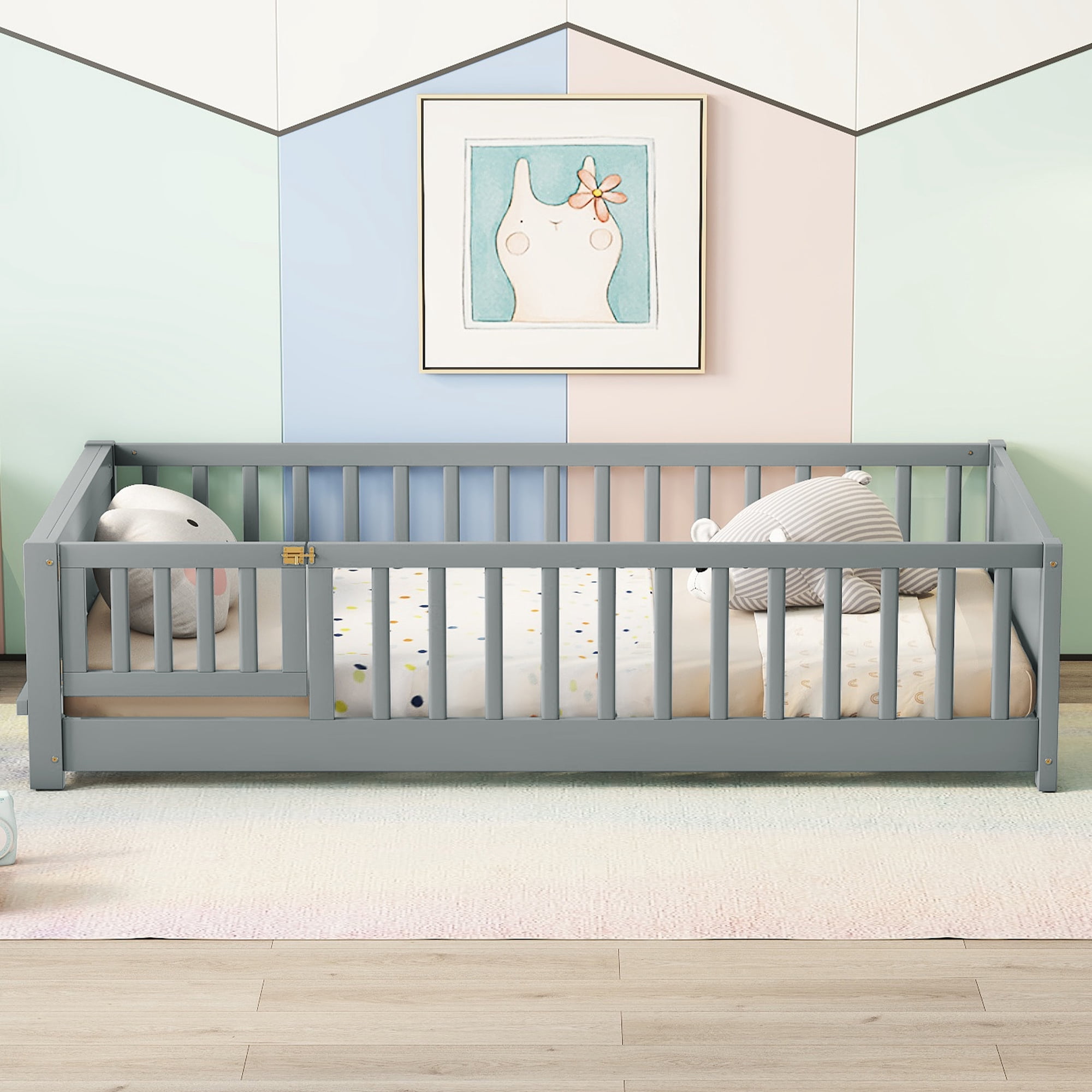 Miniyam Floor Bed, Twin Size Platform Bed Frame with Built-in Book Storage Rack, Door, Gray