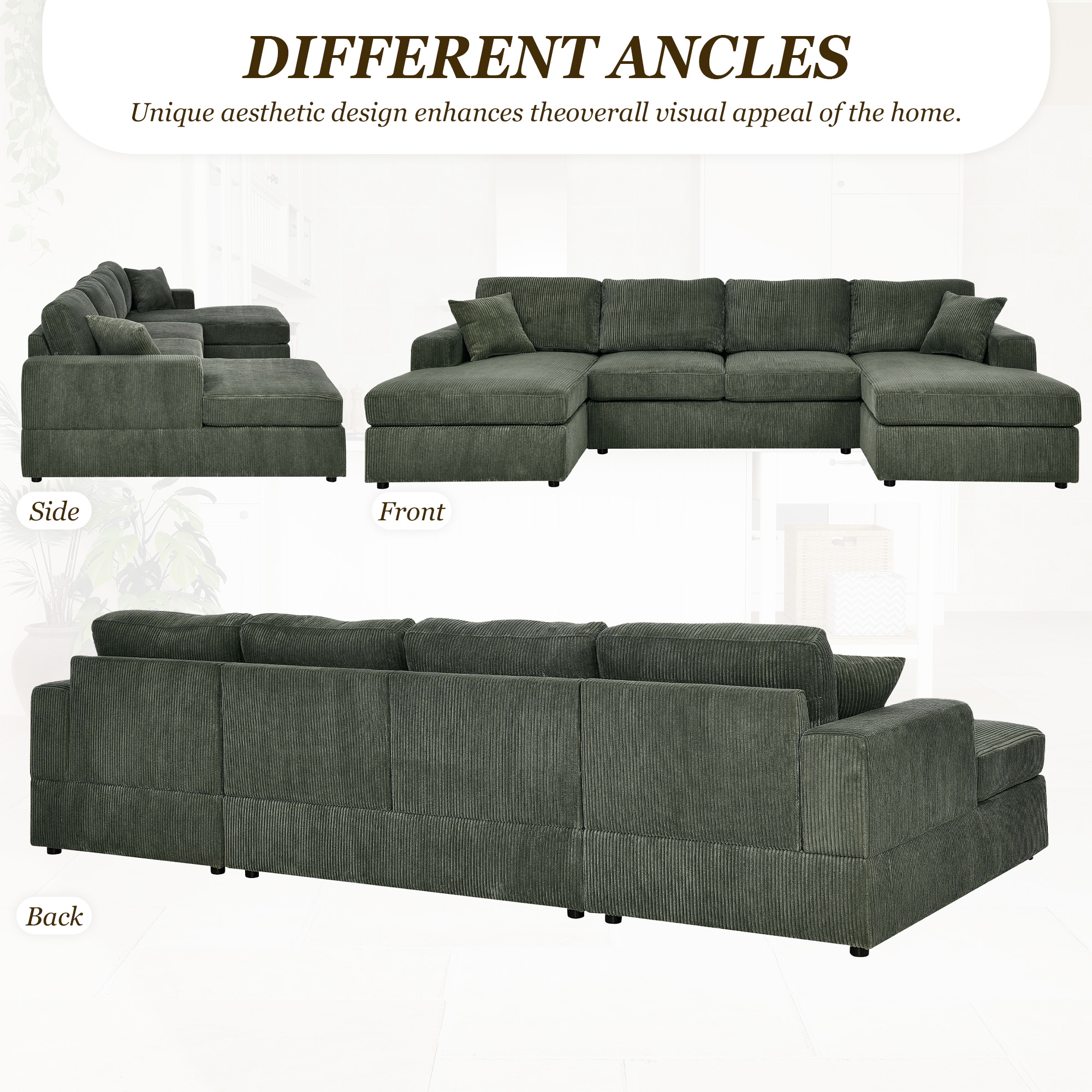 MOONMISS Sectional Sofas with Double Chaise, U-Shaped Cloud Comfy Couches, Green