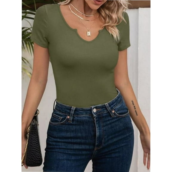 Women's Tops V Neck Shirts Short Sleeve Tshirt Fitted Basic Tees Summer Tunic Ribbed Sexy Clothes Casual Cute
