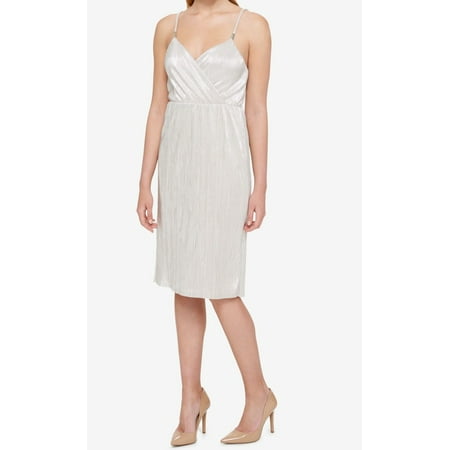 Silver Surplice - Guess NEW Silver Womens Size 10 Metallic-Pleated Surplice Slip Dress