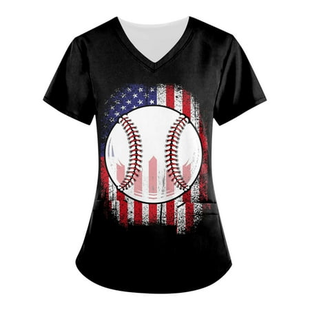 

Sksloeg Nurse Shirts for Women Workwear V Neck Short Sleeve American Star Stripes Pattern Nursing Uniform Pattern Scrubs Shirts with Pockets Black XXXL