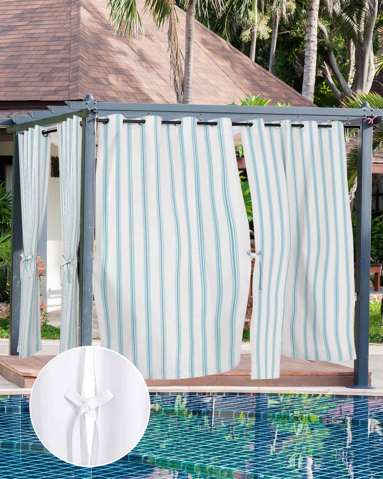 Blue Striped Outdoor Curtains for Patio, Blue White Stripes Farmhouse Privacy Drapes Grommet Waterproof Outside Curtains for Porch/Cabana/Balcony 54"x 108", 1 Panel