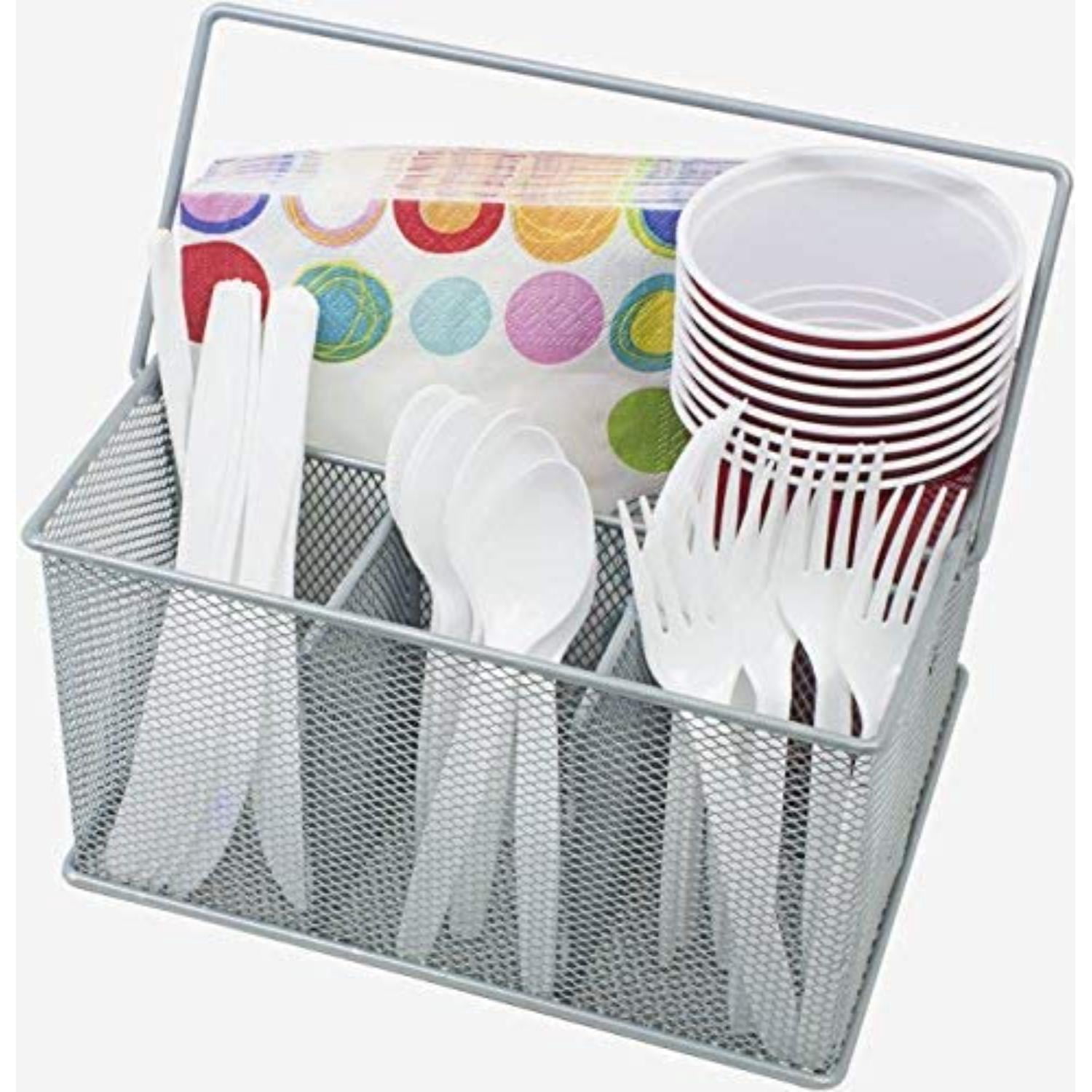 Sorbus Steel Mesh Utensil Caddy with Napkin Holder & Condiment Organizer, Silver