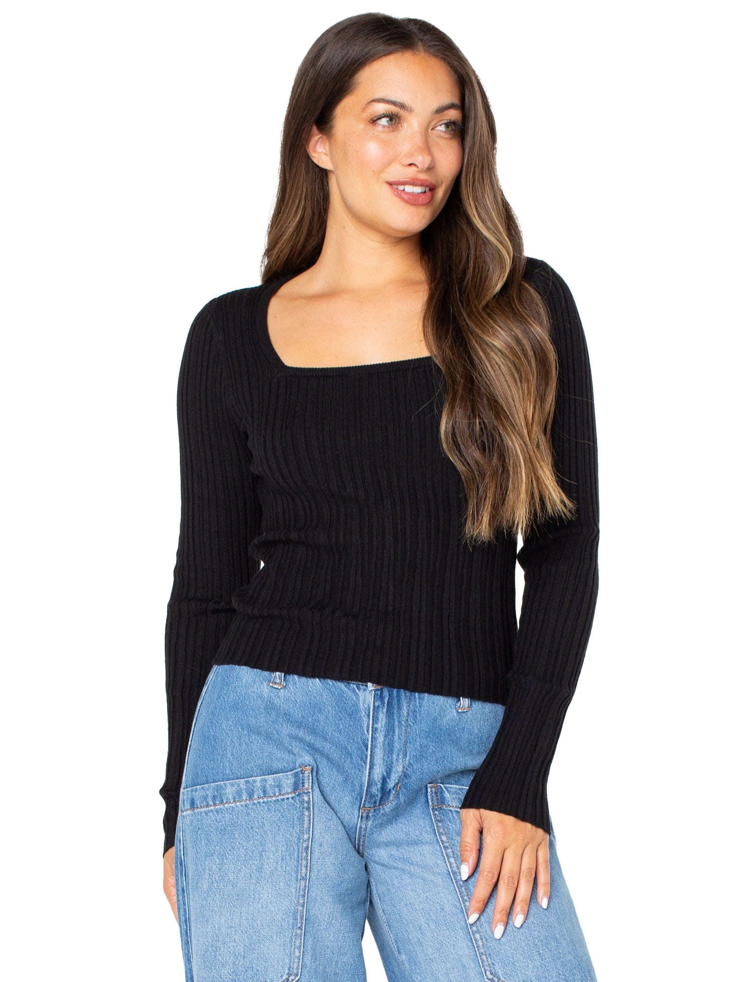 Celebrity Pink Women's Square Neck Ribbed Long Sleeve Top, Sizes XS-XXXL