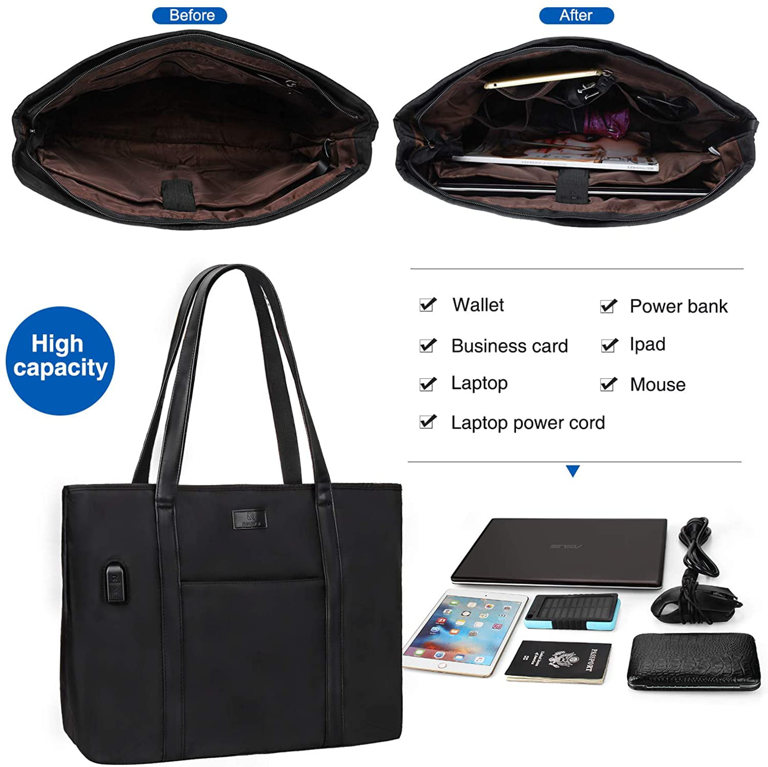 Laptop Tote Bag for Men and Women Business Work Teacher School USB Bag Briefcase Travel Fits 15.6 inch Laptop 