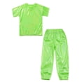 thumbnail image 3 of Sinleey Kids Hip Hop Outfits for Girls Boys Shiny Metallic Dance Tops and Sparkly Pants Trousers Set Fluorescent Green 130, 3 of 5
