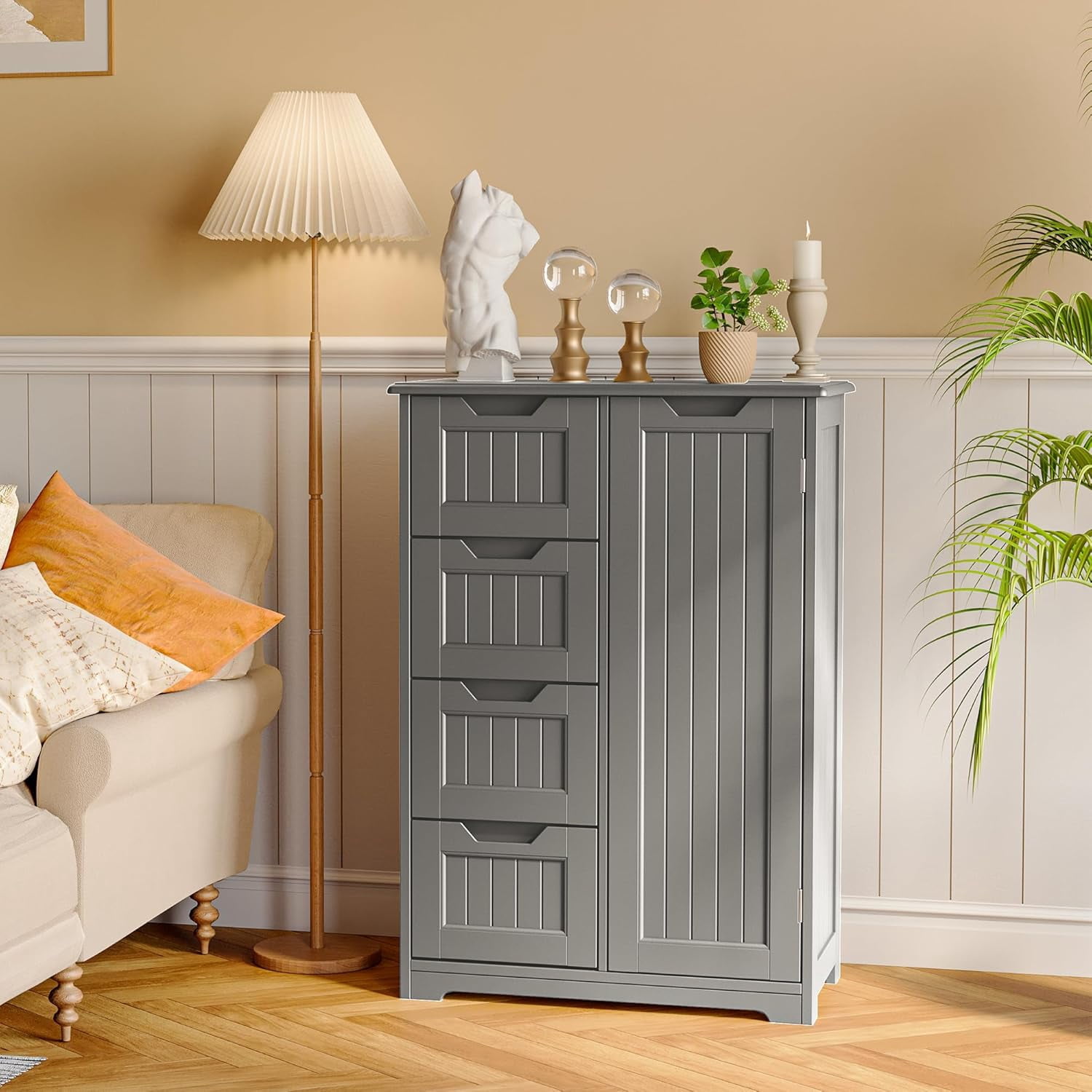 Short Pantry Storage Cabinet, Noelse 33'' Small Kitchen Pantry with 4 Drawers 3 Shelves and 1 door for Kitchen Dining Room and Bathroom, Gray