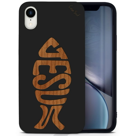 Wood phone case for iPhone XR compatible protective cell phone cover shockproof slim fit laser engraved Jesus Fish design Black wood case for Men & Women by CaseYard