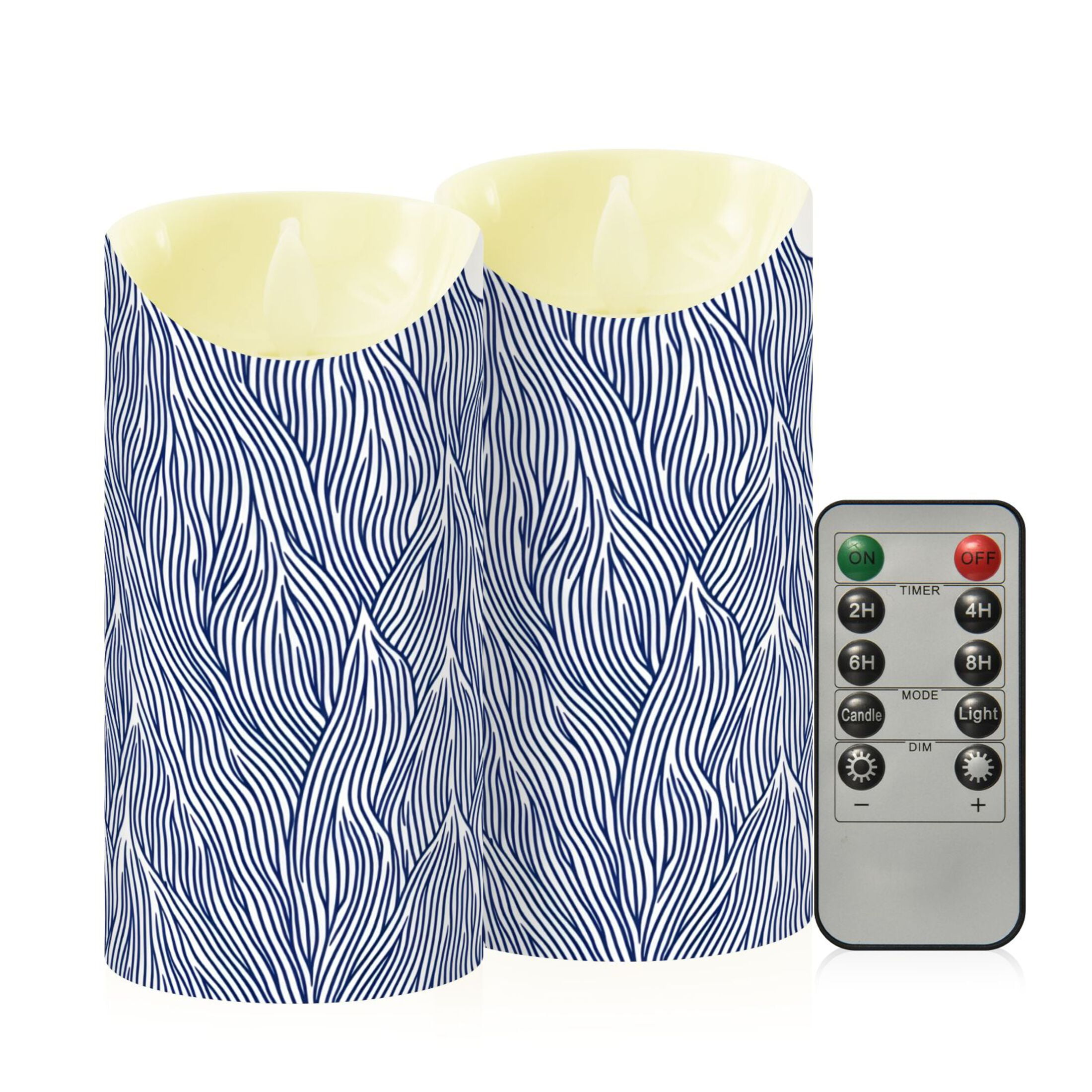 Navy Blue Wave Pattern Flameless Candles 2 PCS with Remote Realistic Moving Flame LED Tapered Pillar Set for Home Decor