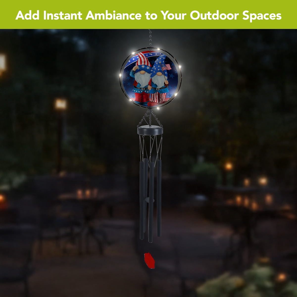 Briarwood Lane Everyday LED Illuminated Solar Powered Glass Suncatcher  Wind Chime 37x8 Patriotic Gnomes Wind Chime For Outdoors Melodic Metal Windchimes Wind-Chimes