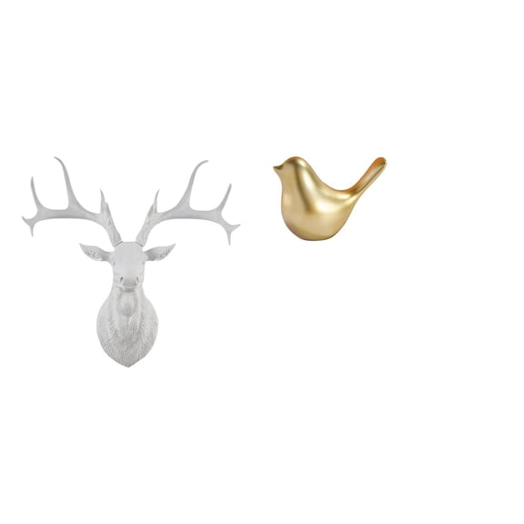 Dualoai Boho Resin Deer Head Wall Sculpture and Golden Birds Figurine Modern Animal Statue for Office Home Decor Collectible Artwork Ornament