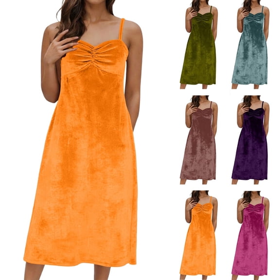 Ashirexll Womens Summer Dresses, Flowy Dresses for Women, Fashionable Solid Color Elegant Velvet Spaghetti Strap Slip Dress