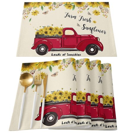Harvest Farm Red Truck Full of Blooming Sunflowers Placemats - Set of 4 Washable Stain Resistant Kitchen Table Mats - Cotton Linen Woven Dining Table Mats - 12"" x 18""