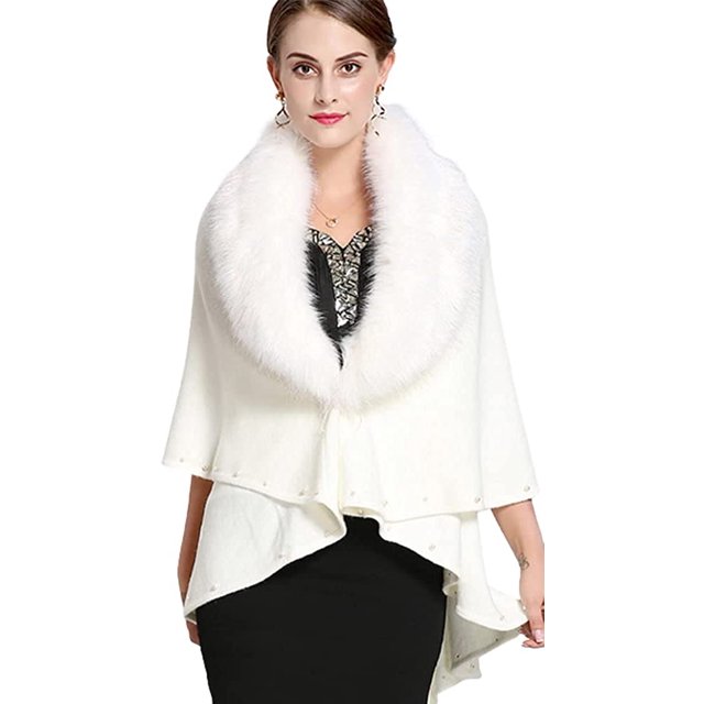 LinYooLi Women's Faux Fur Collar Shawl Wrap Fashionable Solid Color Poncho Cape Open Front Cardigan for Fall Winter 2022
