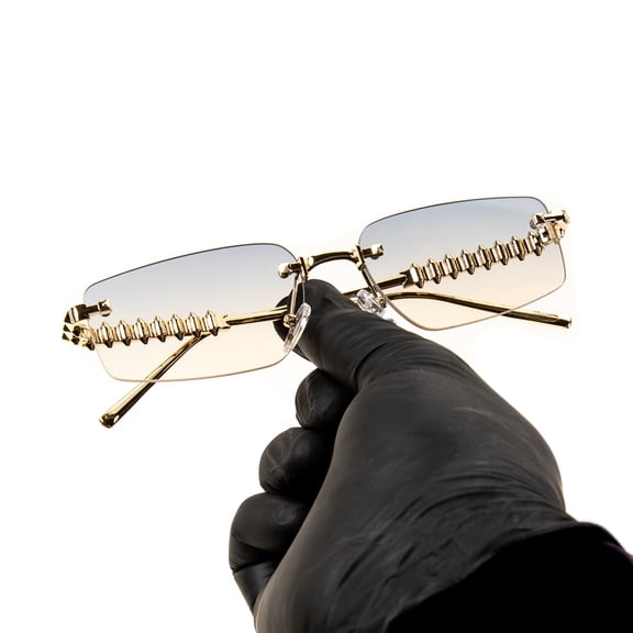 Square Rimless Cool Gray Tan Gradient Tint Unisex Sun Glasses Men's Women's Retro Hip Hop Grey Brown Spike Gold Wire Frame Rectangle Frameless Shades Sunglasses