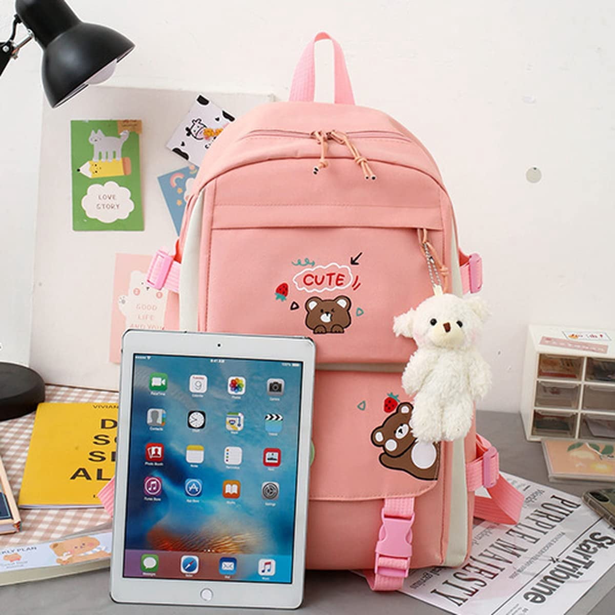 5Pcs Kawaii Cute Backpacks Combo Set with Bear Pendant & Pins - Back To School Supplies Japanese Anime Student Daypack Bag Kit with Tote