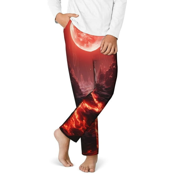 Gukieu Red Moon Lava Print Youth Home Trousers, Elastic Waistband with Pockets for Home and Outing, Suitable for Children Aged 5-16-XS(5-6)