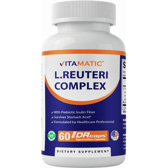 Vitamatic Lactobacillus Reuteri Complex - 22 Billion per DR Capsule - 60 Count - Digestive Support - Made with Prebiotic Inulin Fiber