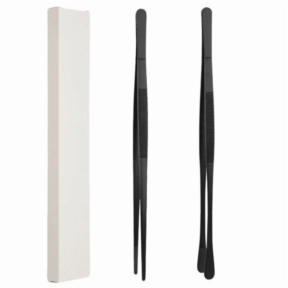 2 Pcs Fine Long Stainless Steel Tweezer Tongs (12''/10'', Black) - For Kitchen, Food, BBQ, Repairing